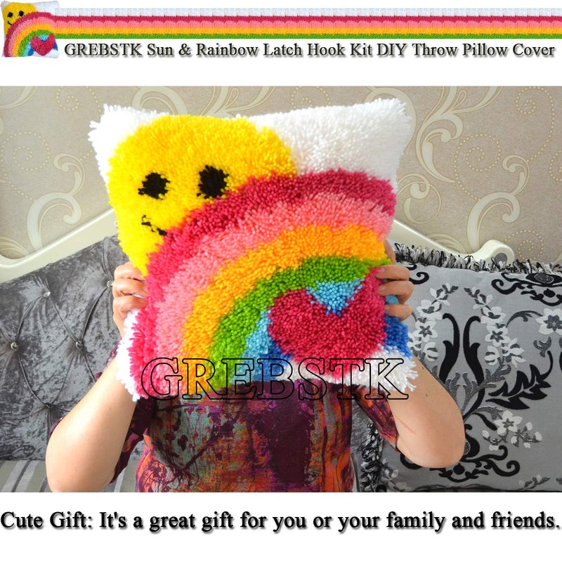 GREBSTK Latch Hook Kit DIY Throw Pillow Cover Sofa Cushion Cover Sun & Rainbow Pattern Paint Cross Stitch 16X16 inch - Image 5
